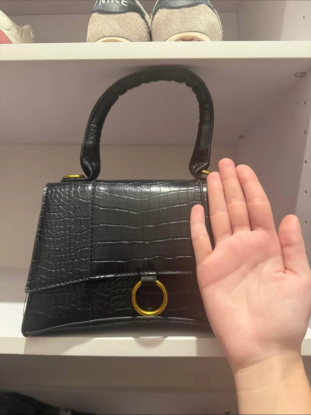 Vintage Black Croc-Embossed Top Handle Bag with Gold Ring Accent